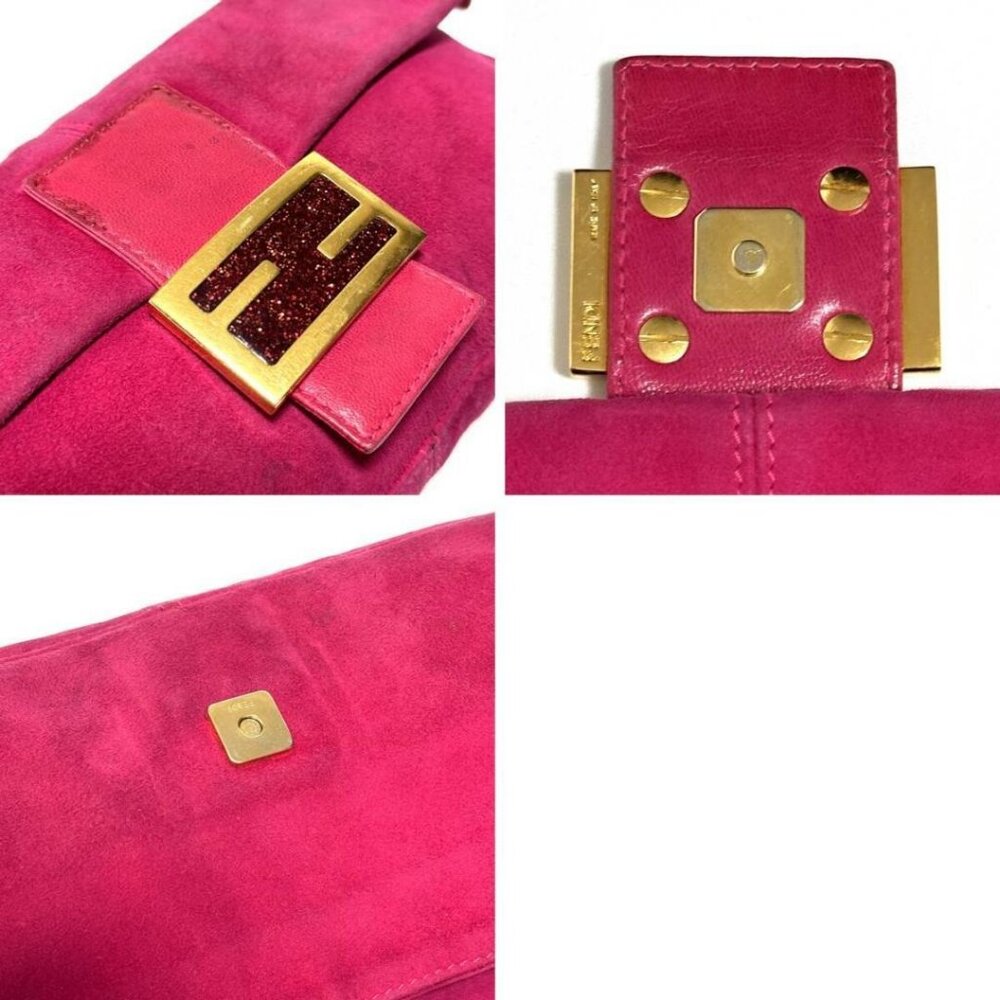 Authentic FENDI Mamma Baguette Pink Suede Gold Glitter Flap Shoulder Bag Purse - Picture 4 of 8